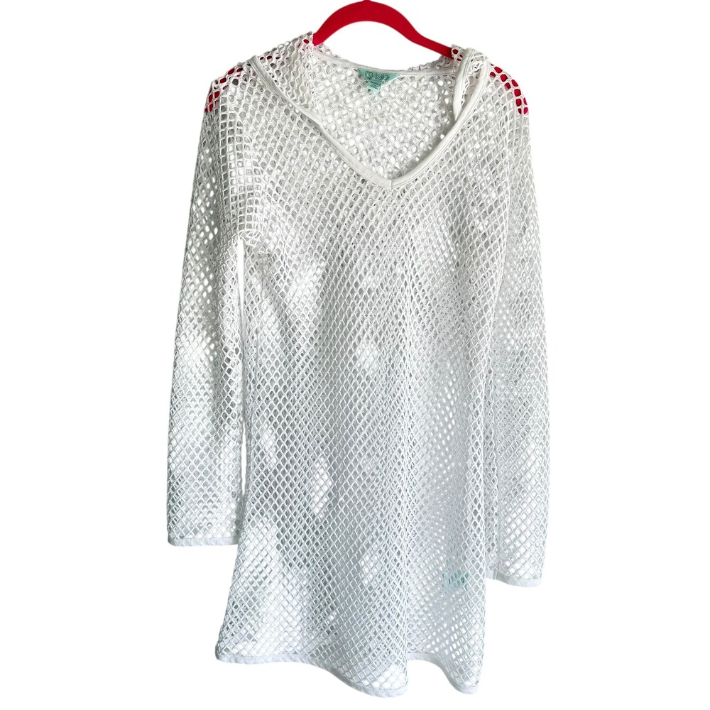 BALANCE COLLECTION  White Hooded Long Sleeve Ladies Pool Cover Up, L